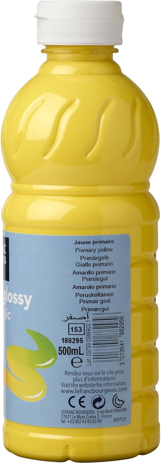 Lefranc Bourgeois 188295 Glossy Children's Acrylic Paint, Ready to Use Liquid Acrylic Paint, Glossy and Waterproof, Ideal on Paper, Card, Wood, Plaster, Metal, Plastic, 500 ml Tube, Primary Yellow