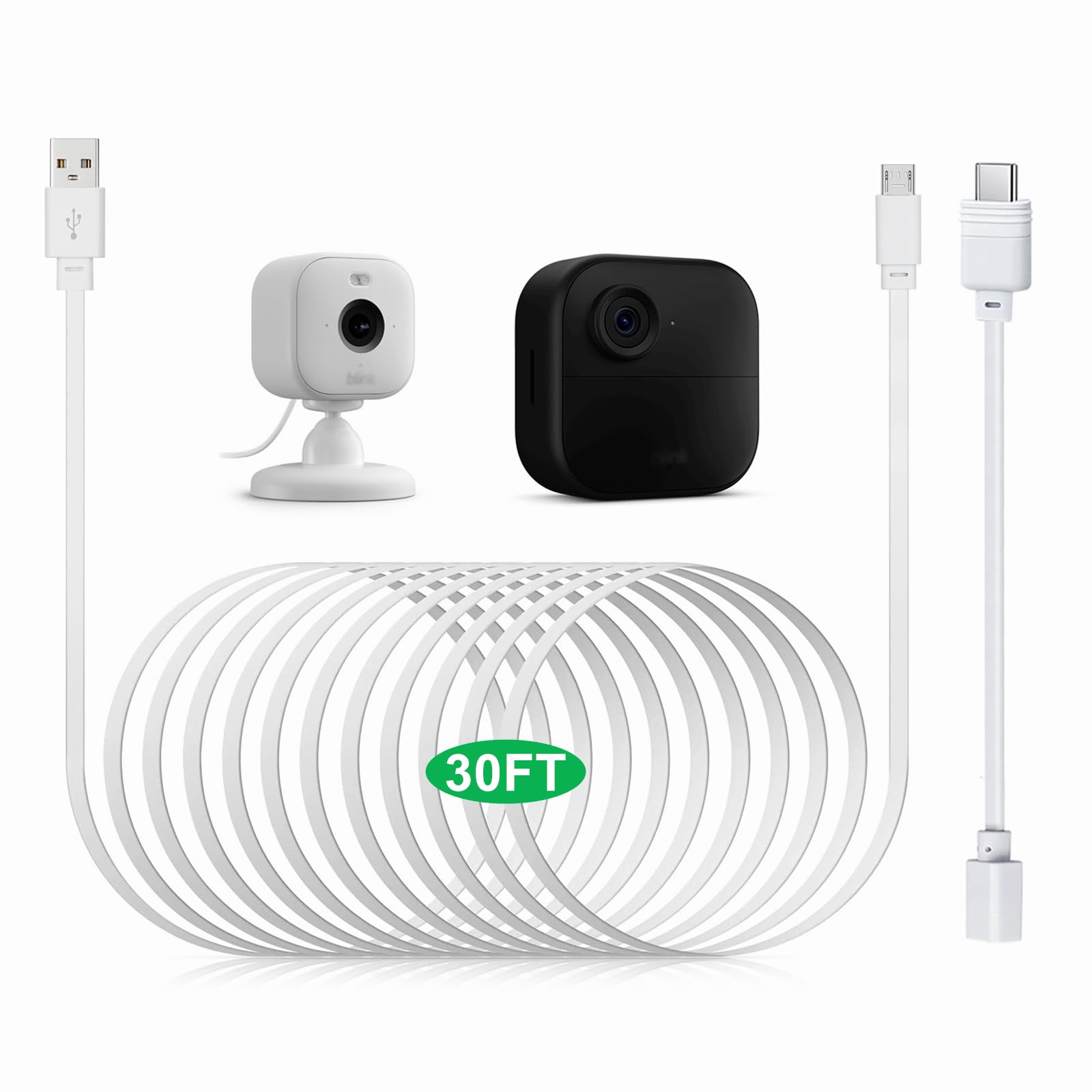30ft USB C Cable Compatible with Blink Mini 2, Blink Mini and Blink Outdoor 4(4th Gen),(3rd Gen), XT, XT2 Cameras - 15m Long Flat Charging Cord with 1ft USB C Waterproof Adapter, White