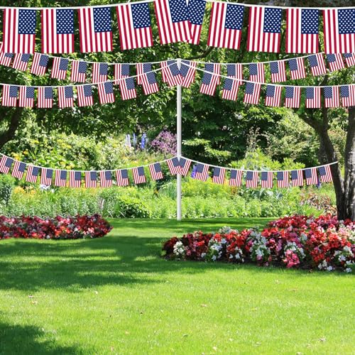Image of AhfuLife 66 Ft American String Flags Banner for USA 250 Years Anniversary, 60 Pcs Small America Bunting Flags, Double Sided for World Cup Independence Day Party Home Garden Bar Decor (5.5x8.3 Inch)