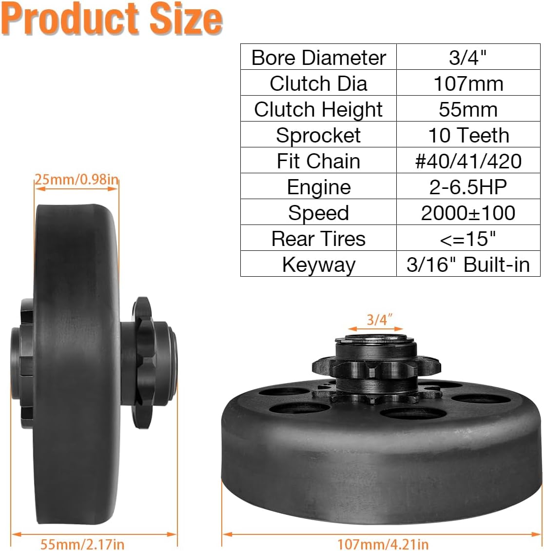 Centrifugal Clutch 3/4" Bore 10T for #40/41/420 Chain, Predator 212 Mini Bike Clutch for Go Kart/MiniBike - Up to 8 HP (3/4" Bore 10 Tooth), LHQ-40/41/420 CHAIN