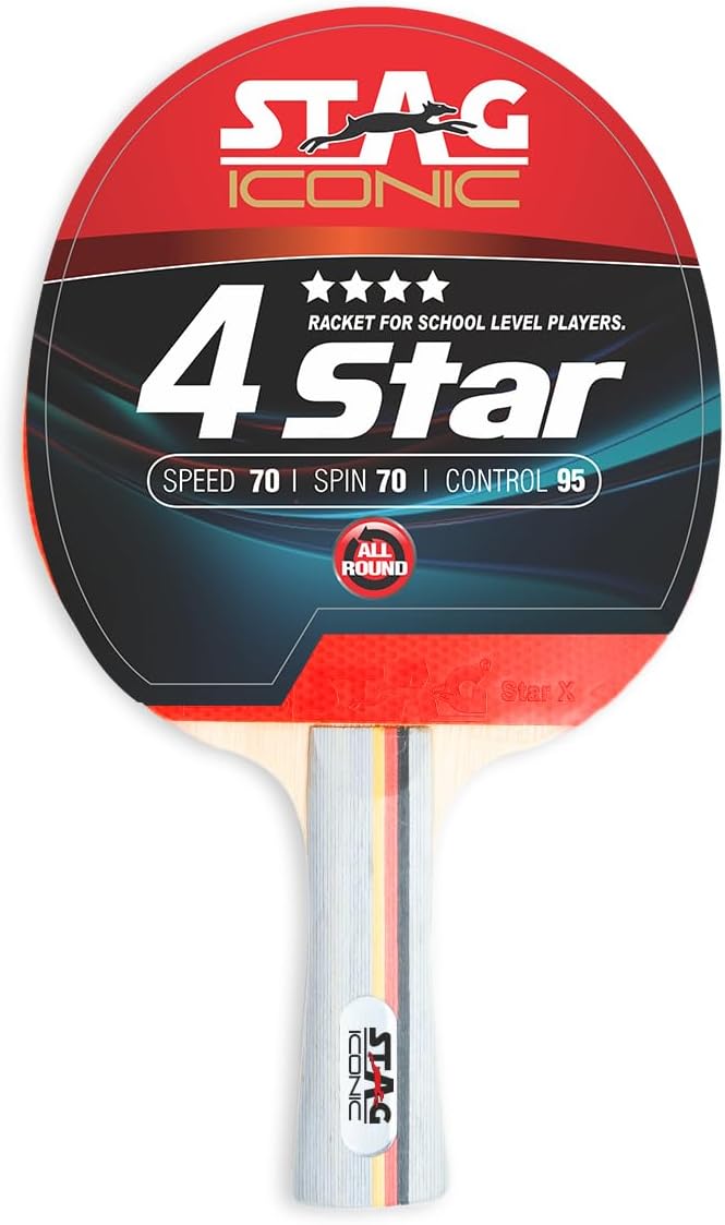 STAG ICONIC 4 Star Table Tennis Racquet | 178 grams | Beginner | ITTF Approved Rubber | Multicolor Material: Wood