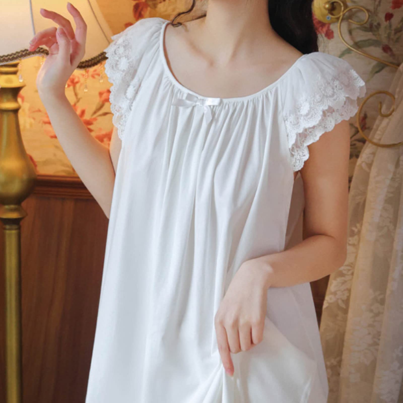 OFFSUM Camicia da Notte Donna - Indumenti da Notte in Stile Principessa in Pizzo di Cotone con Scollo Tondo Elegante Camicia da Notte Vintage Vintage Dolce per La Casa