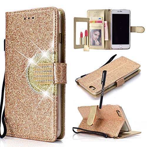 Tifightgo iphone 7 Plus/8 Plus Case Gold with Makeup Mirror Fashion Bling Glitter Flip PU Leather Wallet Case Shockproof Silicone Cover Bookstyle Bumper Phone Case for iphone 7 Plus/8 Plus