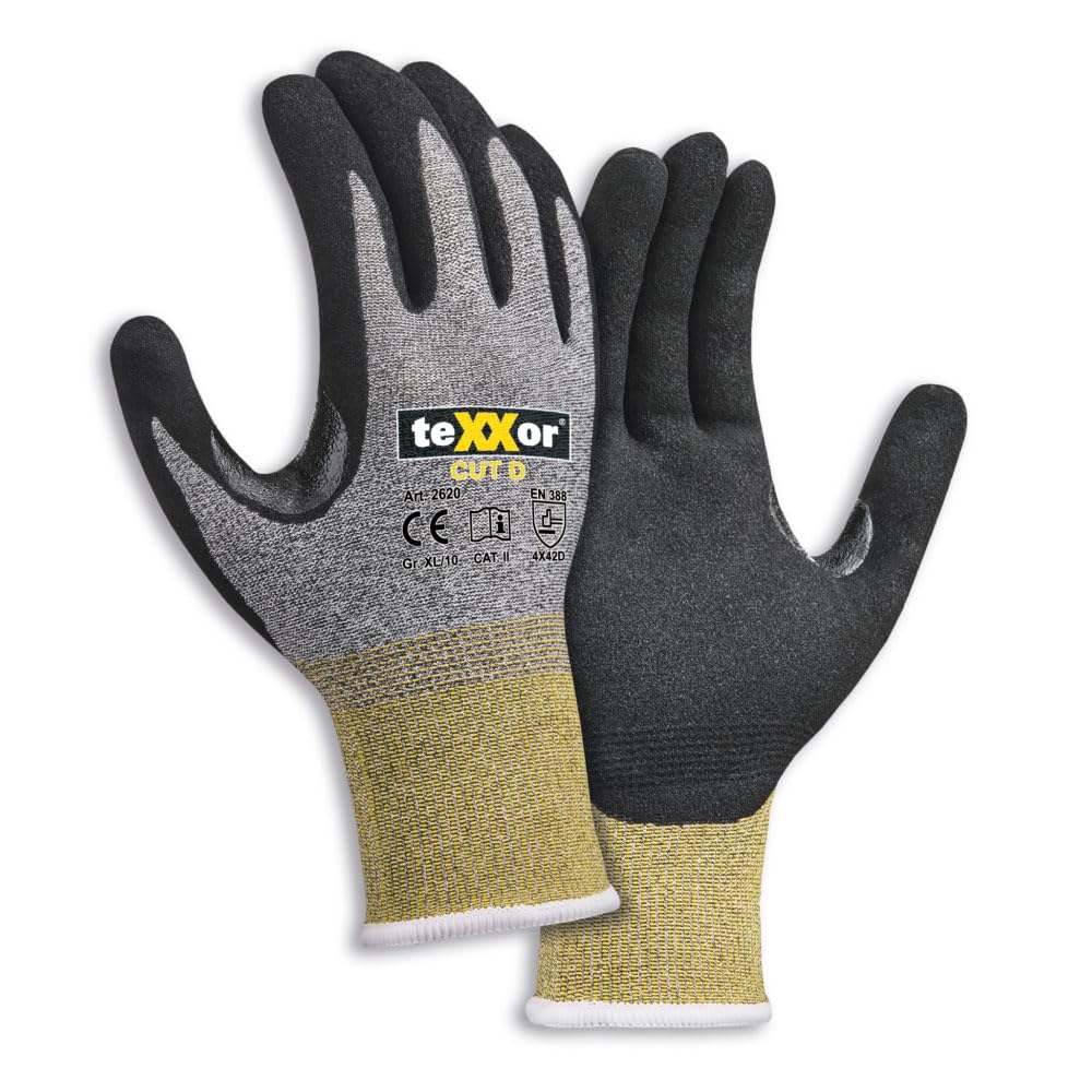 texxor 288 Stück Schnittschutz-Strickhandschuhe 2620, CUT D, grau-schwarz, 8/M, Karton, Schnittschutzhandschuhe, Arbeitshandschuhe, Küchenhandschuhe