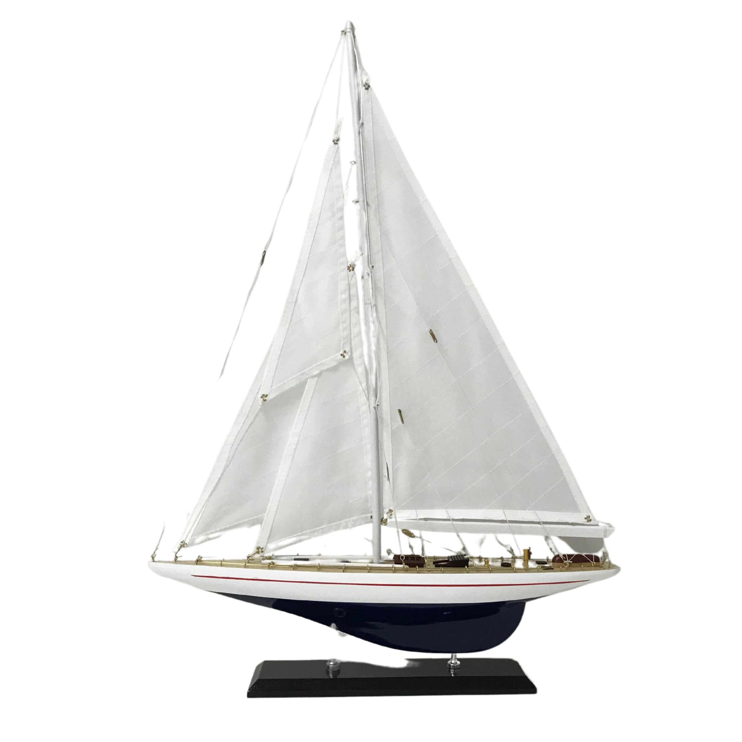 Wooden Model Sailboat with Display Stand Handcrafted Nautical Yacht Replica for Home Office Decor Boat Collector Gift Maritime Sailing Ship Ornament Classic Miniature Ocean Vessel (SMALL - 34 X 49 cm)