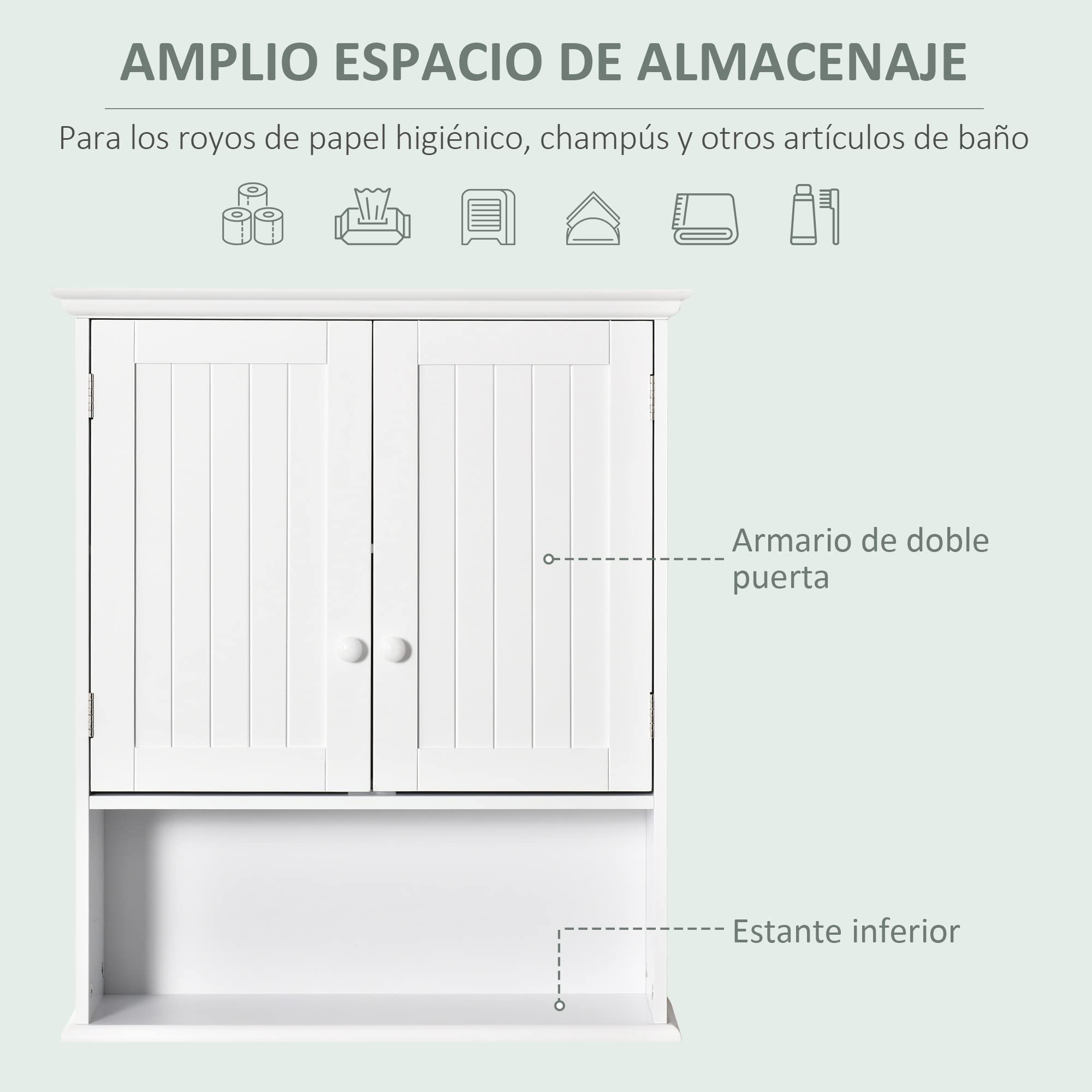 kleankin Armario Baño de Pared con 2 Puertas Estante Interior Ajustable y Compartimento Abierto Mueble Auxiliar Suspendido Multiusos para Cocina 60x20x70,5 cm Blanco