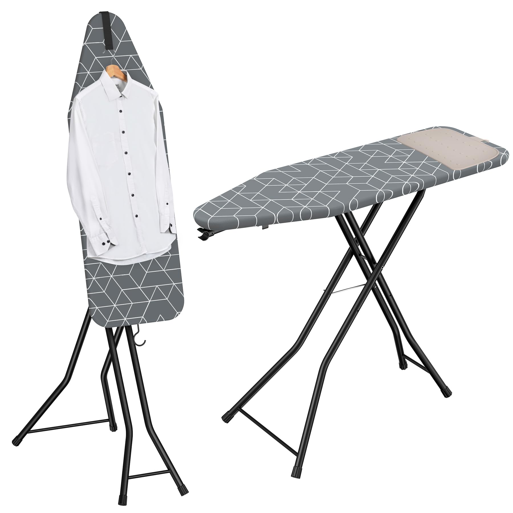 LyriFine Bügelbrett mit Bügeleisenablage, 2-in-1 Bügeltisch für Dampfbügeln & klassisches Bügeln, hitzebeständige Auflage, klappbar mit Haken, Stabiler Stahl, Bügelbrett für Dampfbügelstation, grau