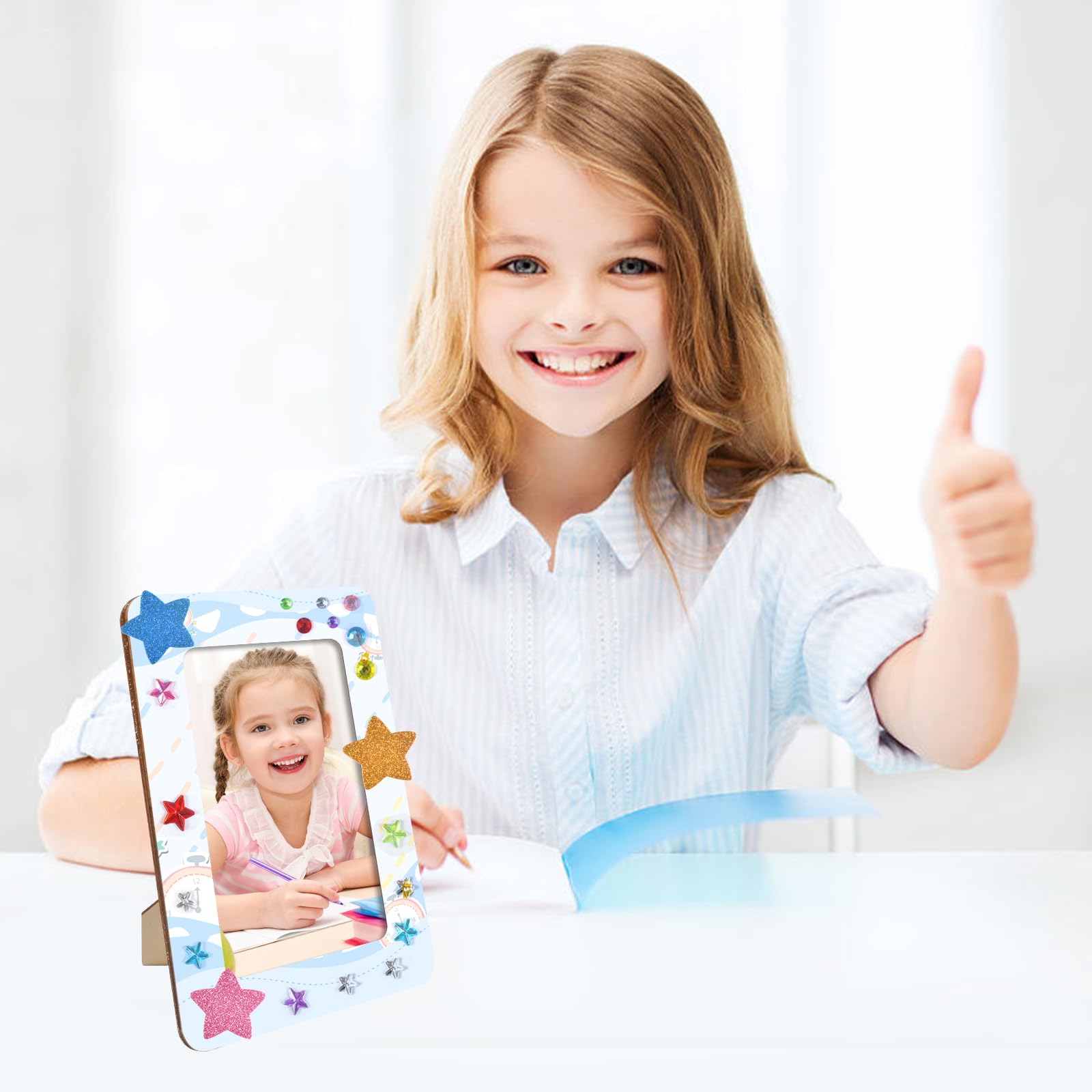 6 Pièces DIY Cadre Photo pour Enfant, Bricolage Cadres Photos, Kits de Cadres Photo en Bois, 15 x 20 cm DIY Cadre Photo Kits avec Autocollant en Forme de Diamant et Crayons de Couleur
