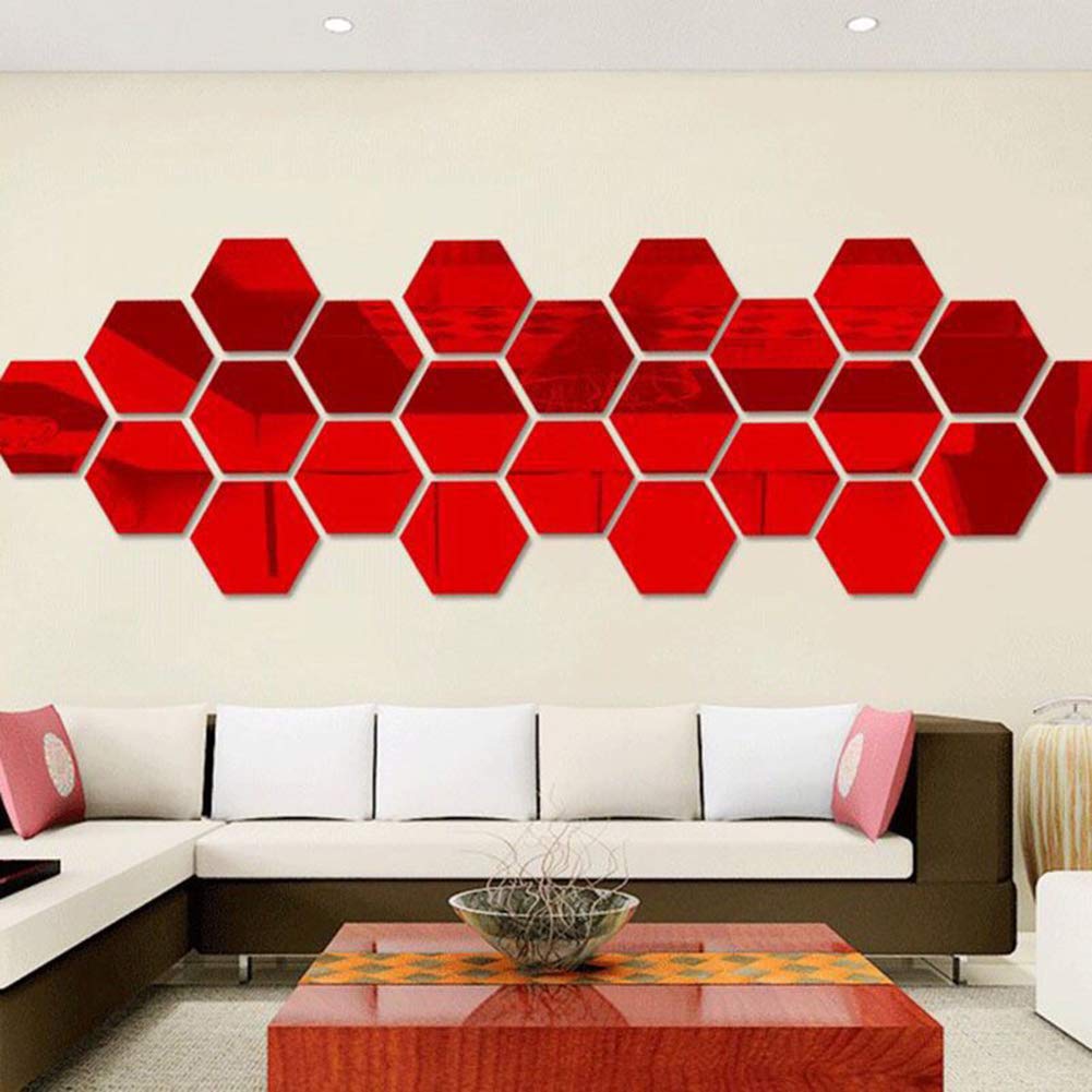 Gsdviyh36 12Pcs Geometric Hexagon 3D Mirror Effect Wall Stickers DIY Home Decorations, Durable, Eco-Friendly Red Small