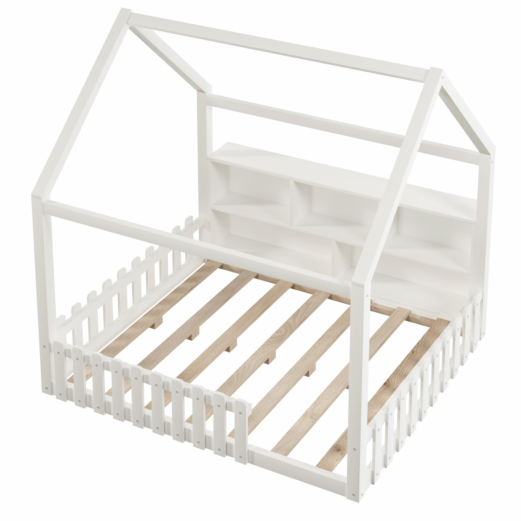Cama infantil de 140 x 190 cm, con tira de luces LED, compartimentos de almacenamiento abiertos, listón de casa, cama de suelo Montessori con protección contra caídas y somier, cama de madera para