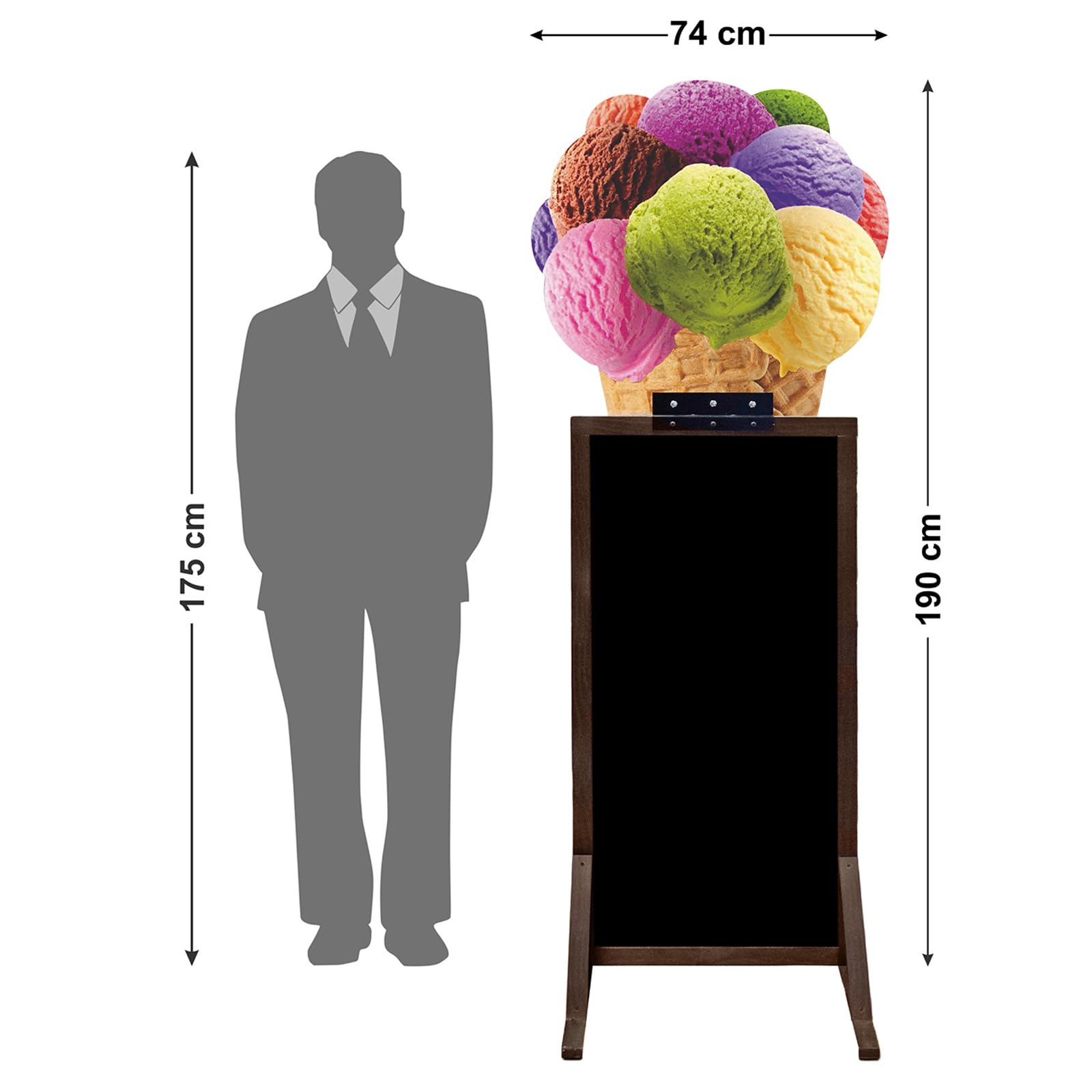 Doppelseitiger Kundenstopper 190 x 74 cm, wasserdicht, mit ABS-Kreidetafel, braune Holzkonstruktion, 16 Motive für Eisdiele, Café, Pizzeria und Gastronomie (9. Pizza Margherita)