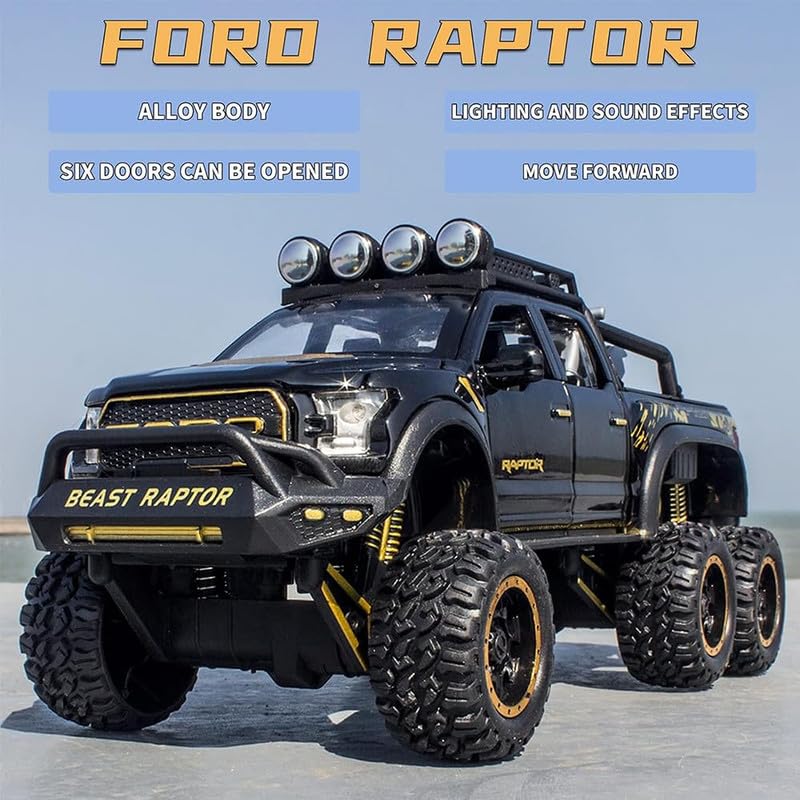 Image of Kids Model 1:24 Raptor F150 Die Cast Metal Car Pull Back Action Opening Doors with Realistic Engine Sound Lights Toy Car Gift for Boys - Multi