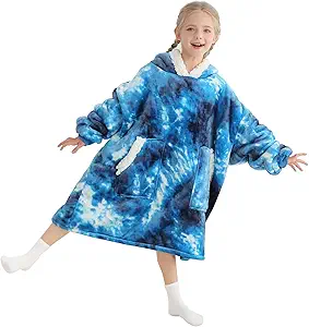 Kipswiza Blanket Hoodie for Kids Oversized Wearable Blanket, Super Soft Warm Sherpa Fleece Blankets Sweatshirt for Girls Boys Children - Blue Tie Dye