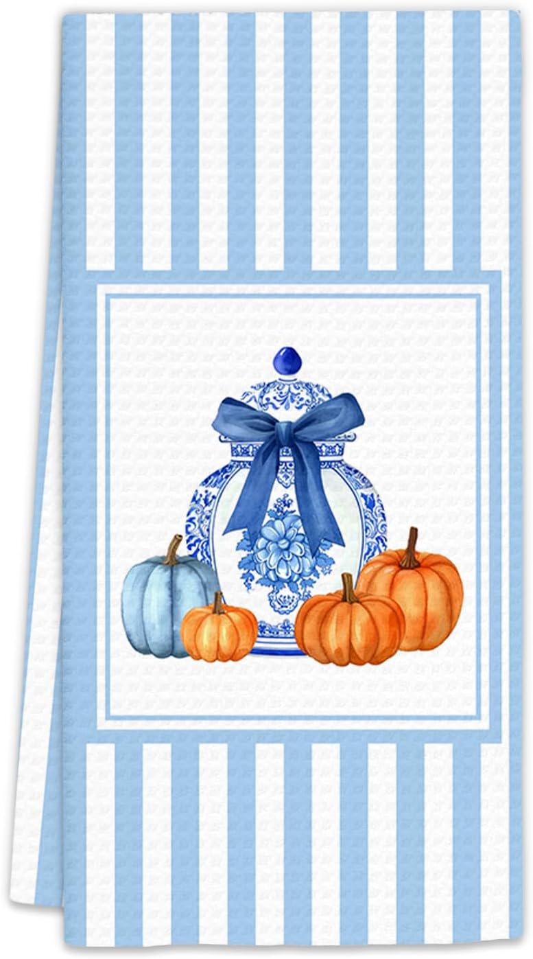 Chinoiserie Fall Kitchen Towels,Blue Grandmillennial Fall Dish Towels