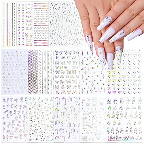 Silpecwee 14 Sheets Aurora Nail Stickers Laser Silver Nail Art Stickers Decals Holographic Heart Star Butterfly Flower Self Adhesive Nail Designs Stickers 3D Nail Decoration For Nail Art #TOP12