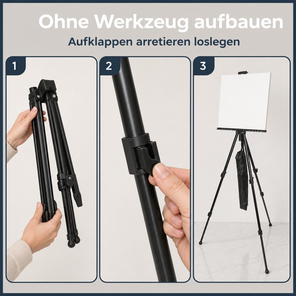 MIJOMA Składana sztaluga metalowa z torbą do przenoszenia – regulacja wysokości od 52 do 162 cm, do płócien do 80 cm – stabilna, lekka i mobilna dla artystów, prezentacji, plakatów i ekspozycji