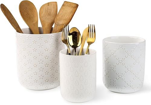 Miniatura 1 de Soporte para utensilios de cocina en relieve, recipiente de cerámica blanca para encimera, organizador grande de utensilios para espátula, cuchara,