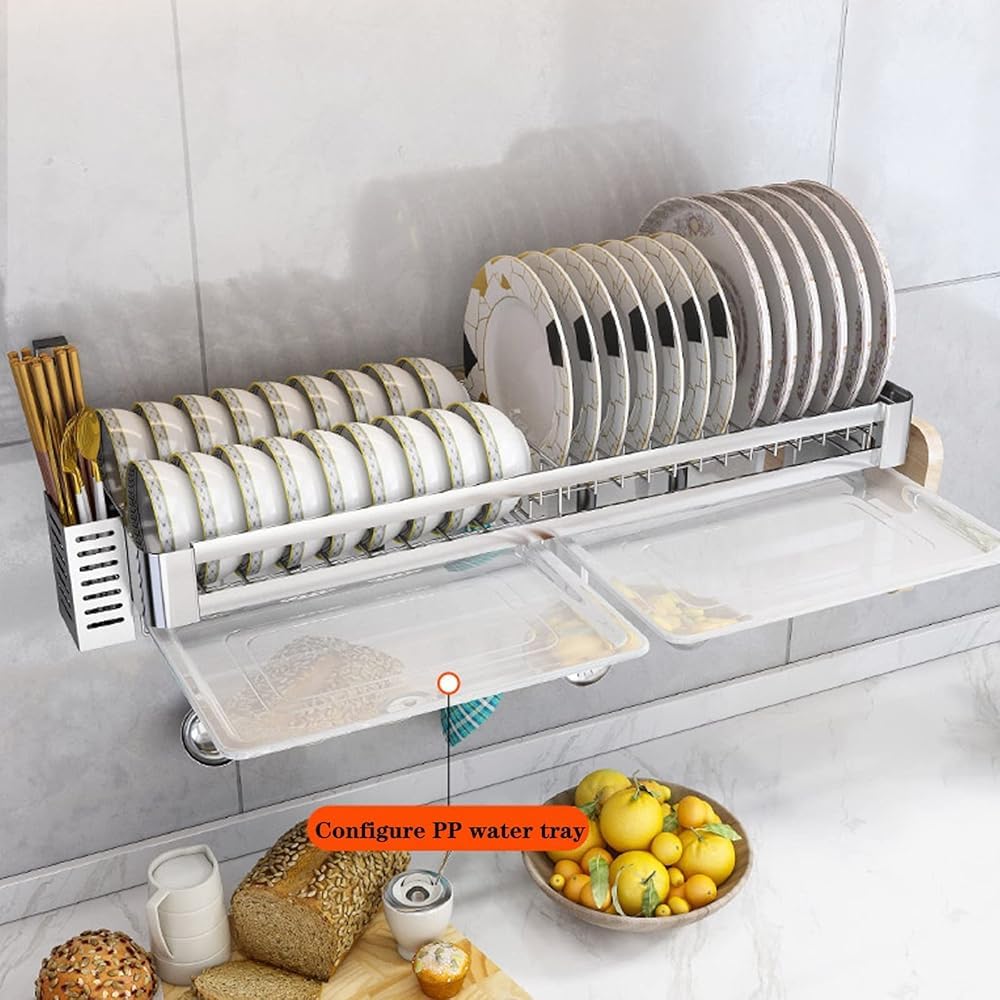 Scolapiatti da parete in acciaio inox con vassoio antigoccia, portaposate e ripiano tagliere, soluzione salvaspazio per la cucina, 60 x 30 cm per una nizzazione efficiente
