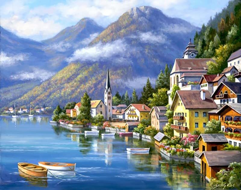 Peinture diamant 5D Wizardi Village alpin, broderie diamants haut de gamme WD091
