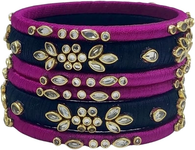 Neta Jewels Silk thread bangles kundan bangles Black And Pink colour for use set of 6 for women/girls