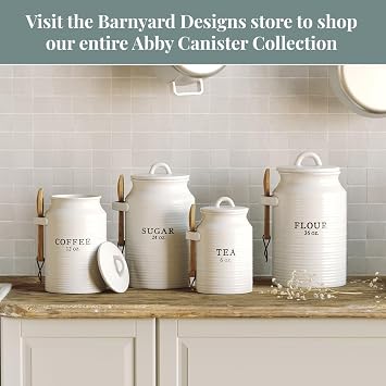 Barnyard Designs Ceramic Kitchen Canister Set White (Coffee/Sugar/Tea) | Set of 3 Decorative Rustic Farmhouse Ceramic Jars with Lids; Countertop Storage for Baking, Pantry, or Snacks