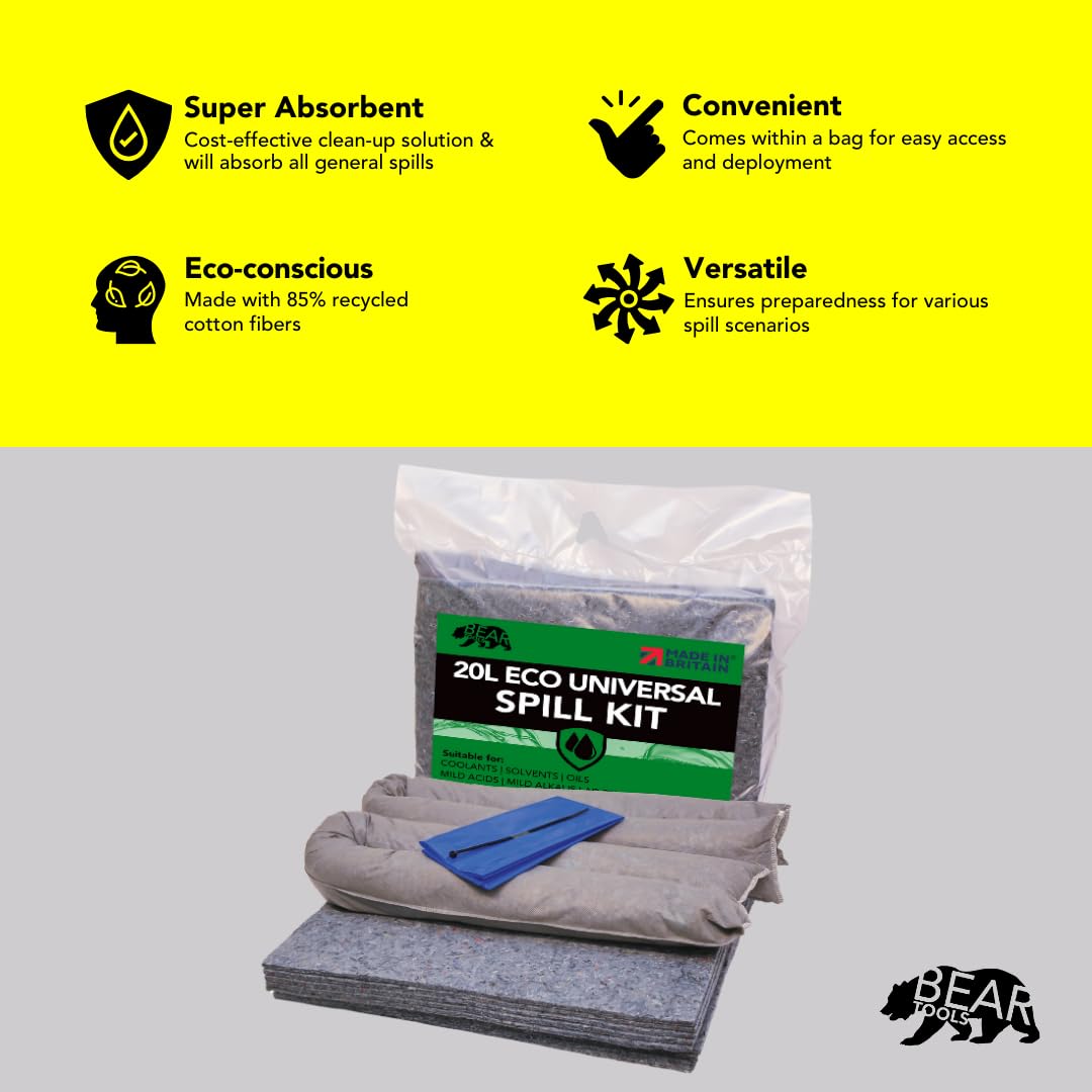 BearTOOLS Kit de control de derrames ecológico de 20 litros | Respetuoso con el medio ambiente | 85% de fibras naturales recicladas | Reduce la huella de carbono | Solución absorbente sostenible |