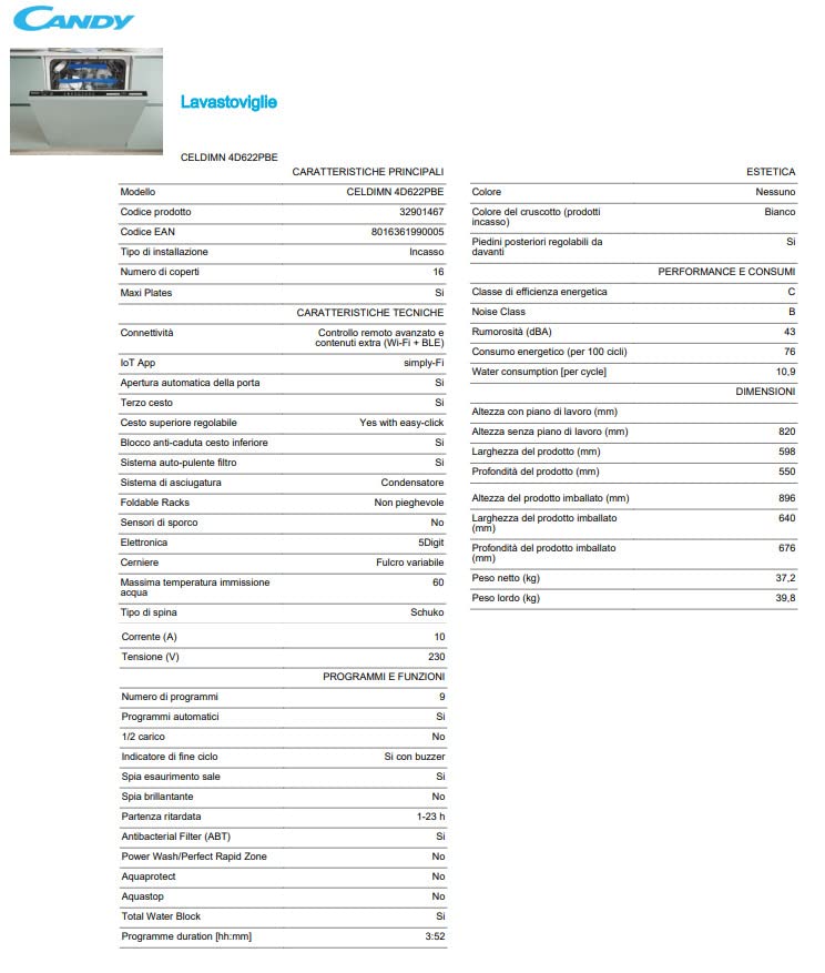 Candy Brava CELDIMN 4D622PBE inbouw-vaatwasser, inschuifbaar, 16 plafonds, Smart, wifi + Bluetooth, 59,8 x 55 x 82 cm, C… - Afbeelding 7