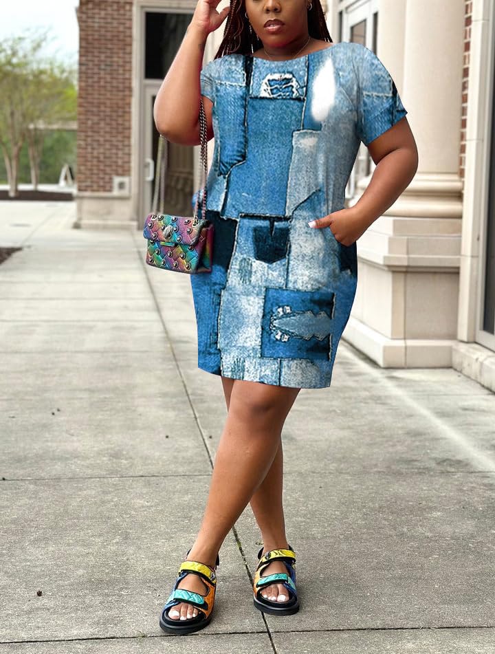 Image of PINSV Women Plus Size Summer Casual T Shirt Dresses Short Sleeve Tunic Dress with Pockets