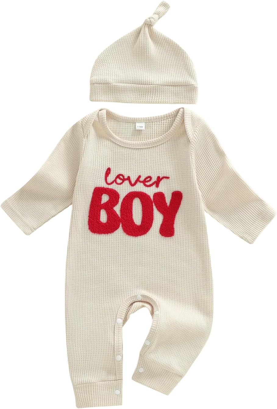 Newborn Boy Valentines Outfit Baby Lover One Piece Romper Waffle Long Sleeve Jumpsuit Coming Home Spring Clothes