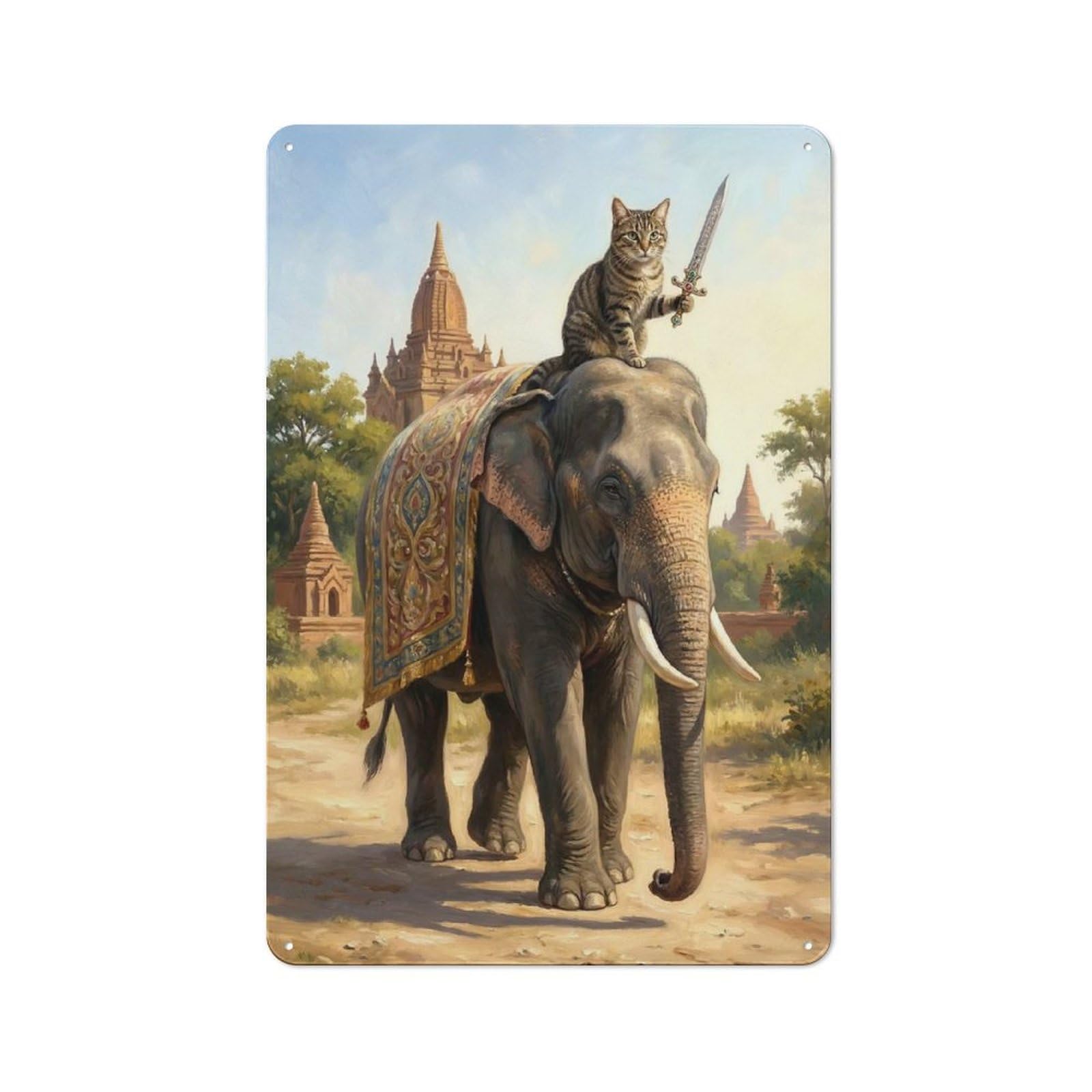 Junmoney Style-1 Loft Style Metal Wall Art Sign 30X20cm Featuring Cat Riding Elephant With Sword, Urban Room Decor For Loft, Studio, Office Or Creative Room
