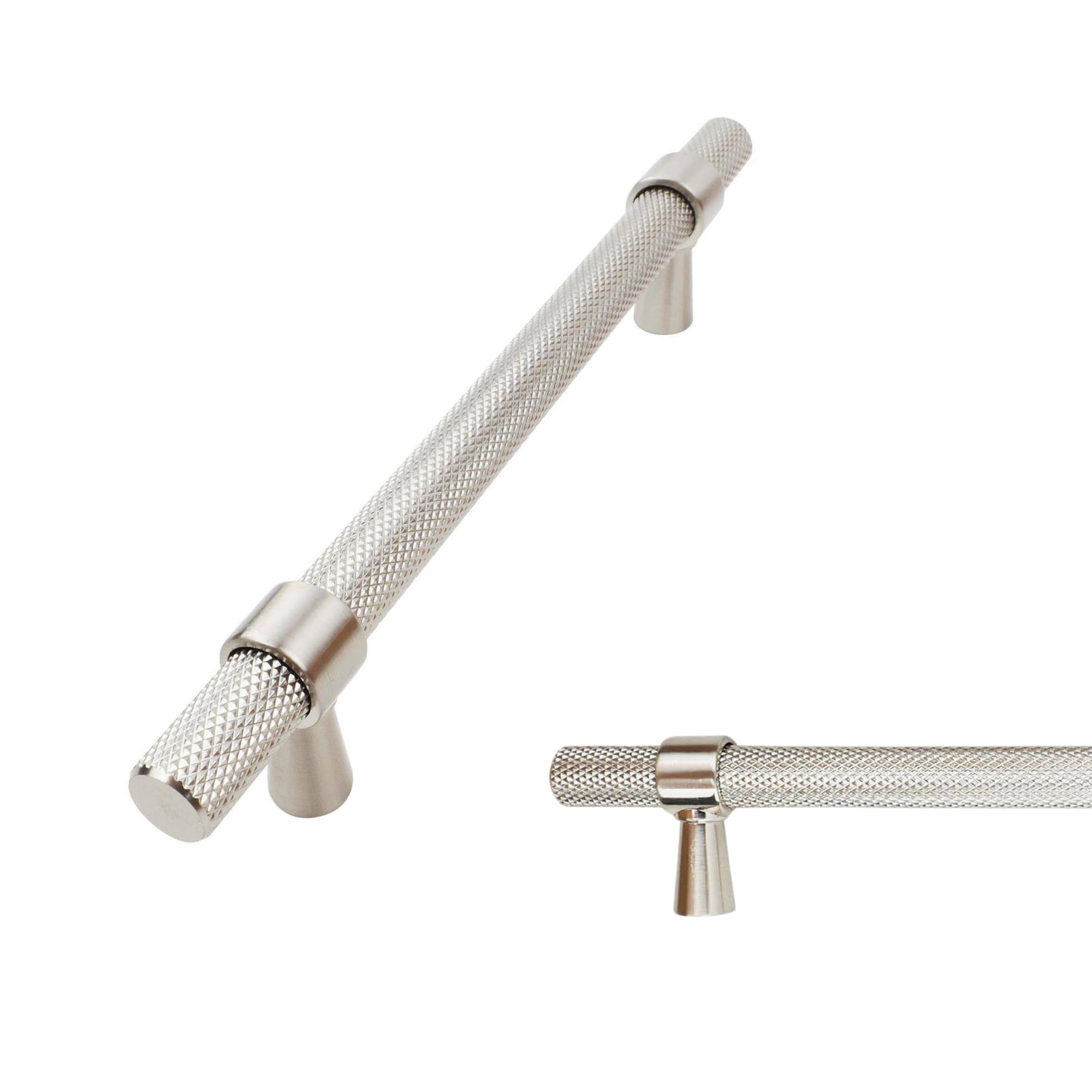 Keypak Satin Nickel 10 Pack Knurled Kitchen Cupboard Handles, 128Mm Hole Centres, Aluminium T-Bar Pulls For Cabinet, Wardrobe Doors, Chest Of Drawers