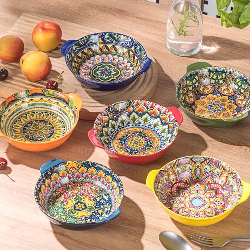 Henten Home 14 oz Ceramic Soup Bowl Set of 6, Small Cereal Bowl with Handle - Image 4
