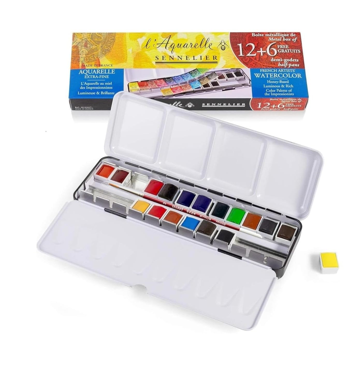 Sennelier Aquarellfarben-Set, 18 halbe Näpfchen Extra-Fein, Metalldose mit 1 Karte und 1 Gratis-Pinsel
