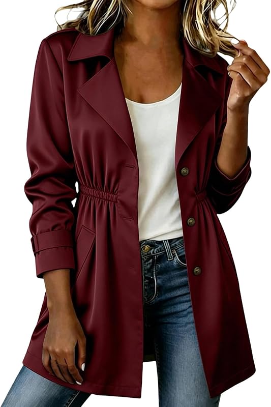 campera ligera con cintura elástica y cuello de muesca para mujer