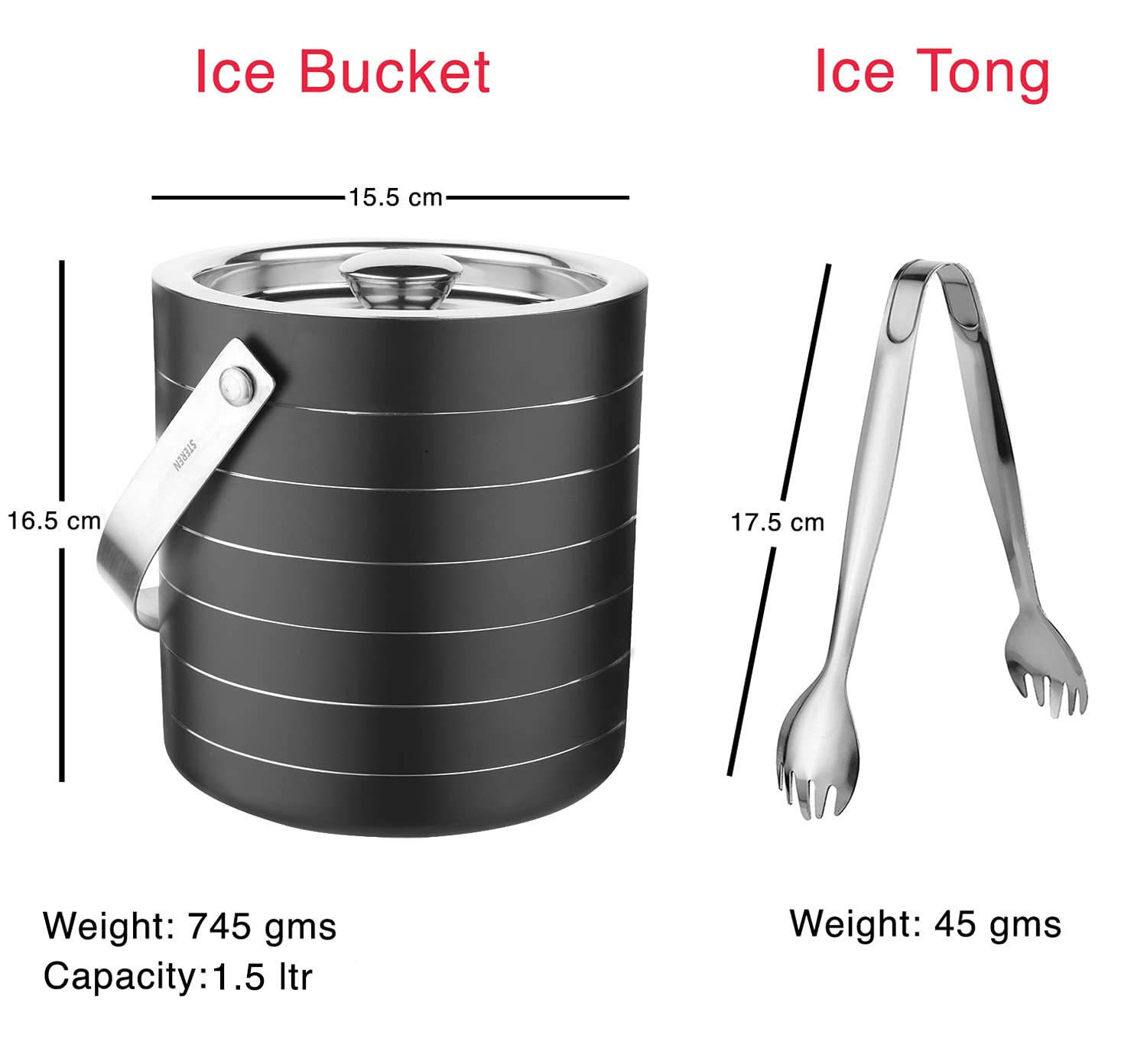 Steren | Stainless Steel Double Wall Ice Bucket with Tong - Black Ring Design, Medium 1.5L | Perfect for Gifting 1