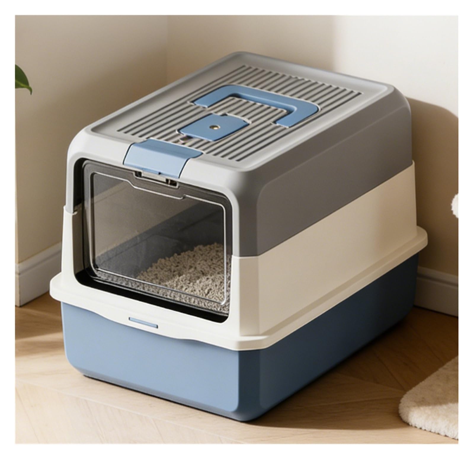 Caja de Arena for Gatos Cerrada Grande, Bandeja de Arena antisalpicaduras extraíble con Cuchara for Mascotas, fácil de Limpiar(BLU)