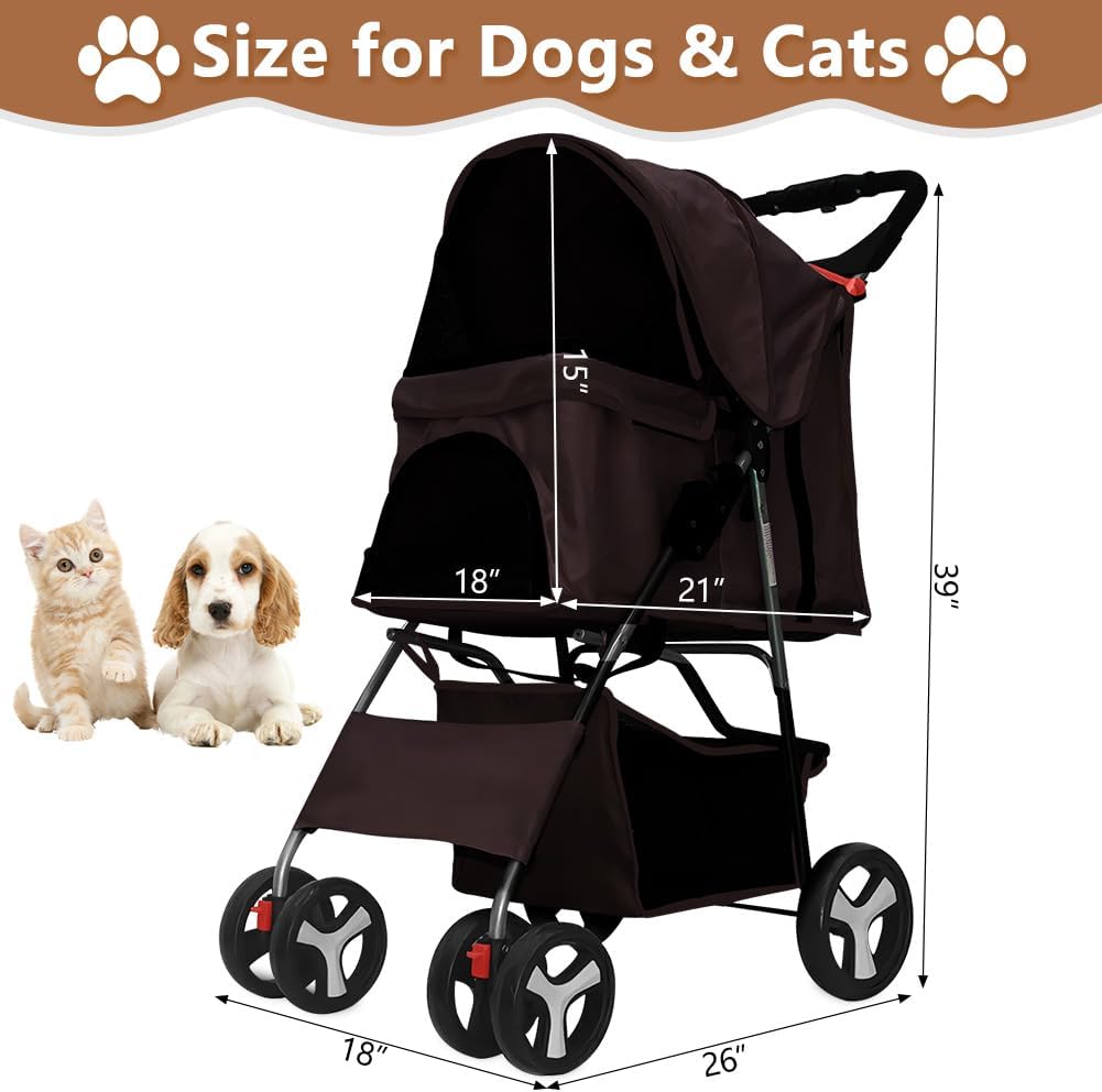 Pet Stroller 4 Wheels, Foldable Cat Dog Cage Stroller Travel Carrier Strolling Cart with Cup Holder & Storage Basket Doggie Strollers (Brown)