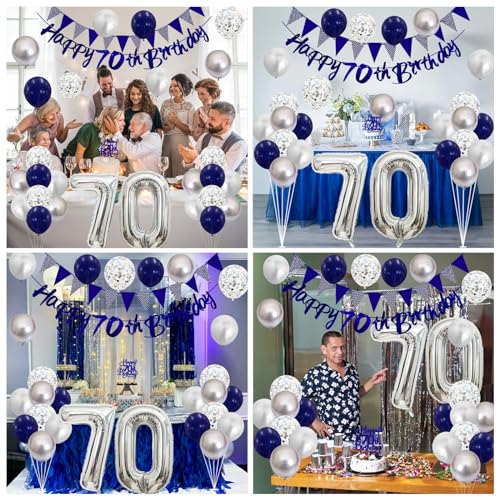 Image of 70th Birthday Decorations for Men Women, Blue Silver White Birthday Balloons, Blue Happy 70th Banner Cake Topper Number 70 Foil Balloon for 70 Year Old Party Decoration