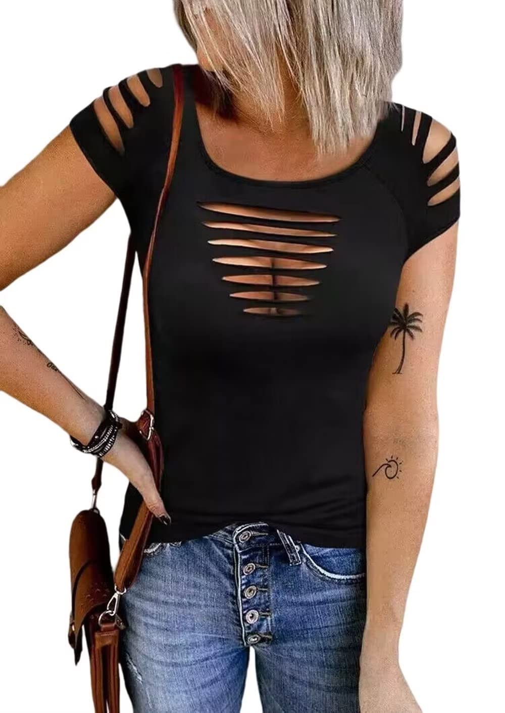 Cut Out Hollow Out T Shirt Womens Cold Shoulder Lacerated Sleeve Shirt Summer Solid Round Neck Slim Shirt Tops