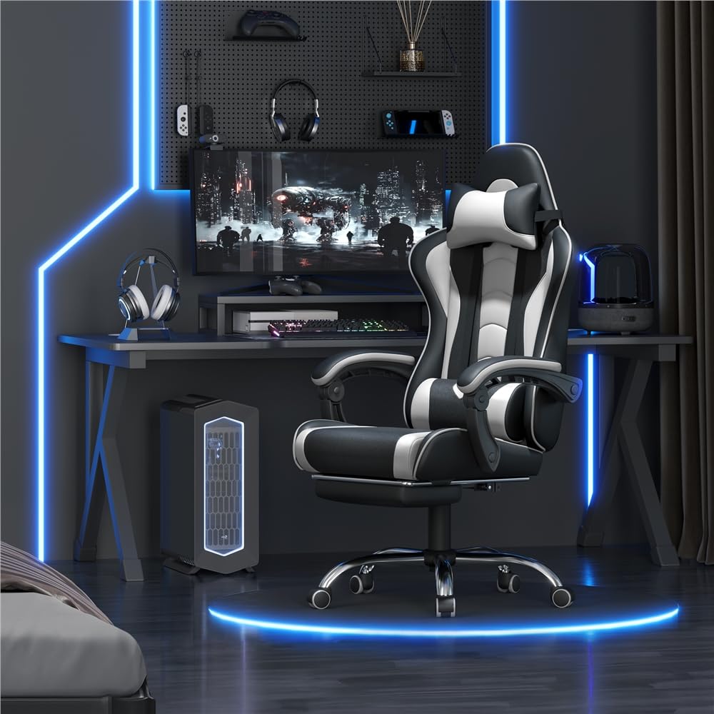 Yaheetech Chaise Gaming Ergonomique Massante avec Repose-Pieds Inclinable Rembourré en Similicuir, Fauteuil de Bureau avec Appui-tête et Support Lombaire Roues Pivotantes Blanc