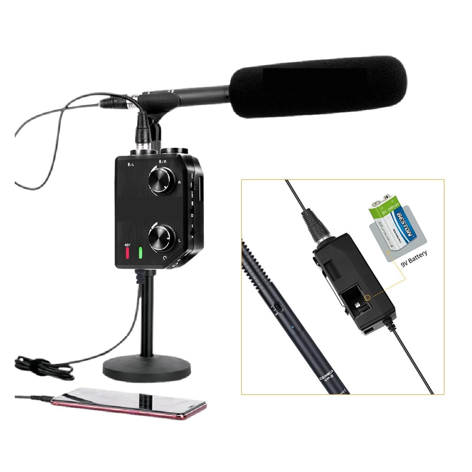 Podcast Equipment, 2-Kanal-Mikrofon-Audiomixer-Vorverstärker mit Phantomspeisung, Gitarren-Audio-Interface-Mikrofon for Kamera