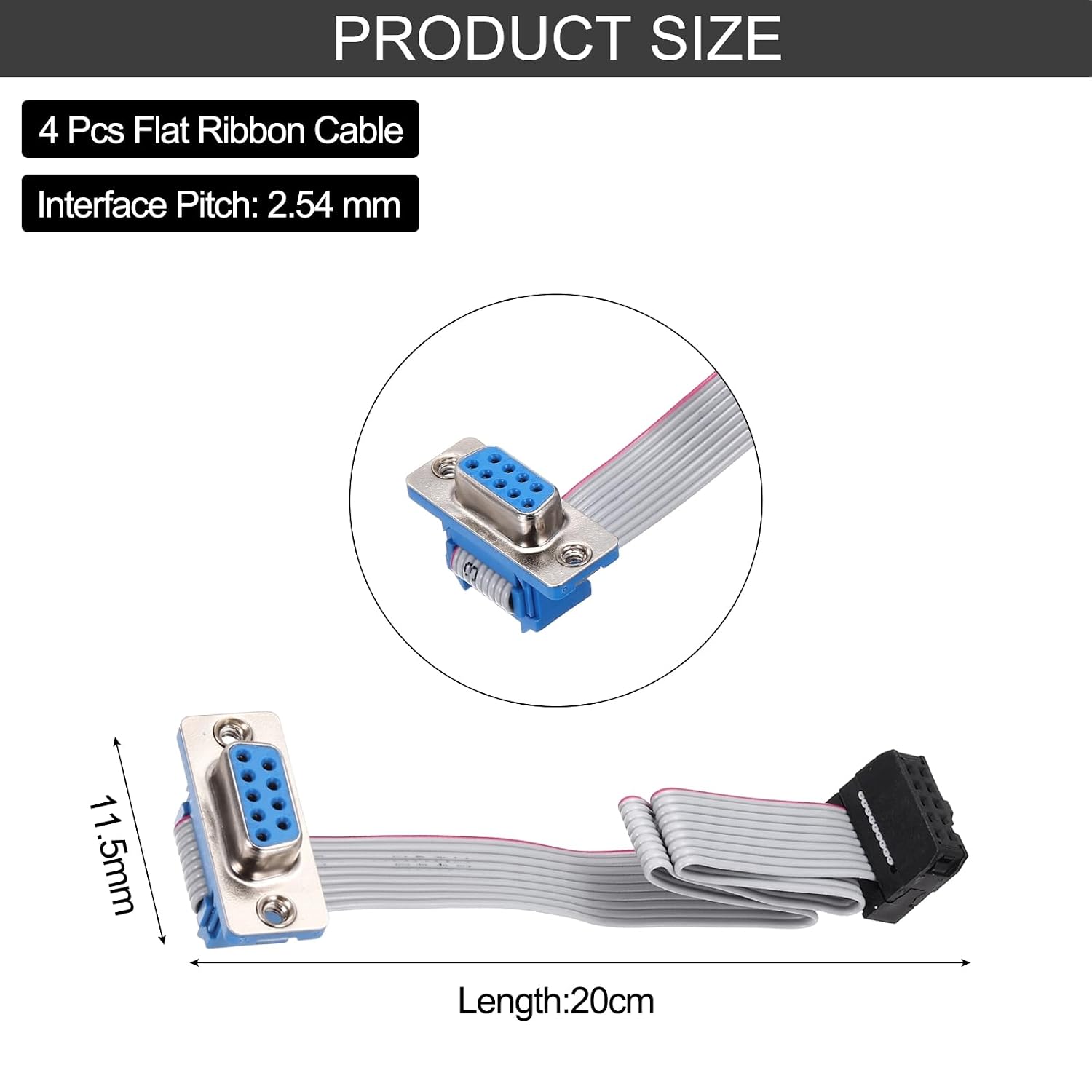 MECCANIXITY 4 Pcs IDC Flat Ribbon Cable, 2.54mm Pitch 11.3mm Width 20cm Long 10 Pin Female DB9 to FC-10 Flat Ribbon Connector Jumper Wire for PC, LED Displays