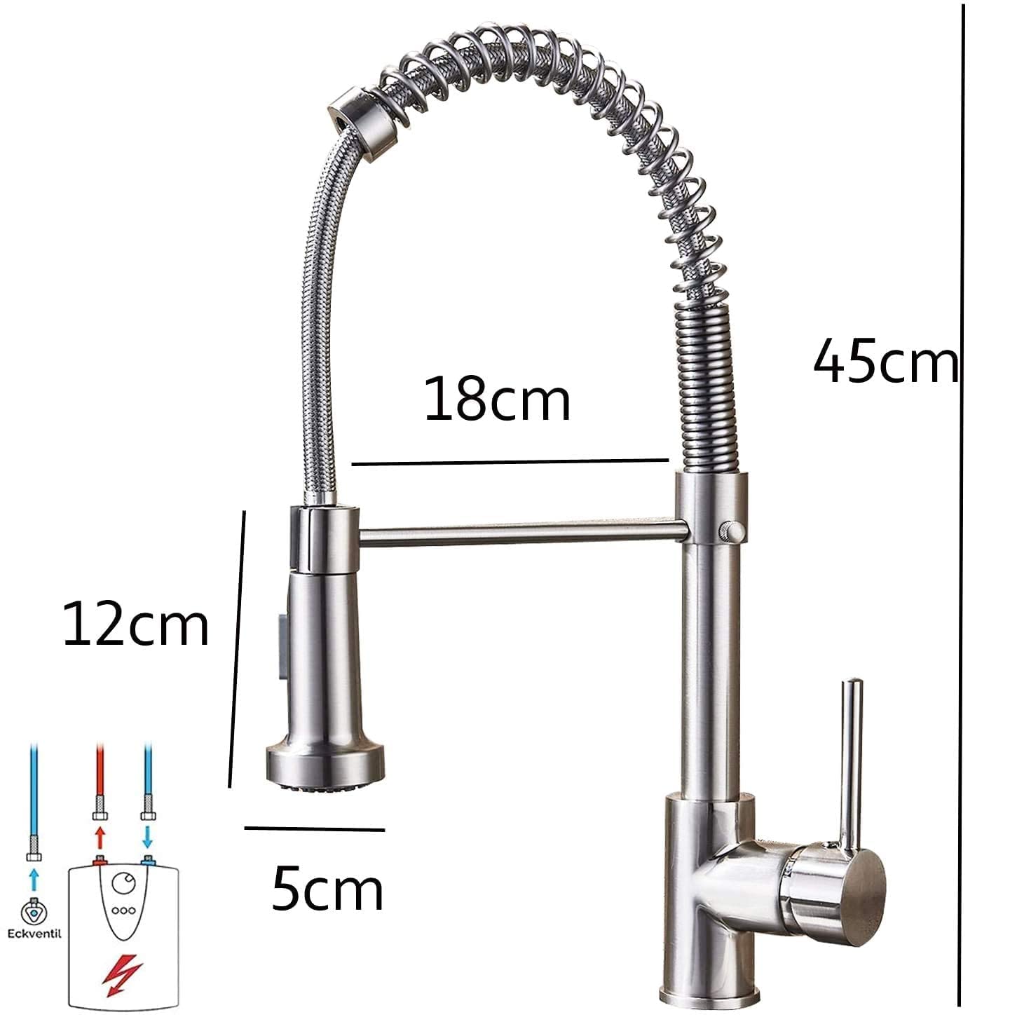 Suguword Grifo de cocina de baja presión, extensible, grifo mezclador de cocina, giratorio 360°, acero inoxidable, grifo monomando con muelle en espiral, cepillado