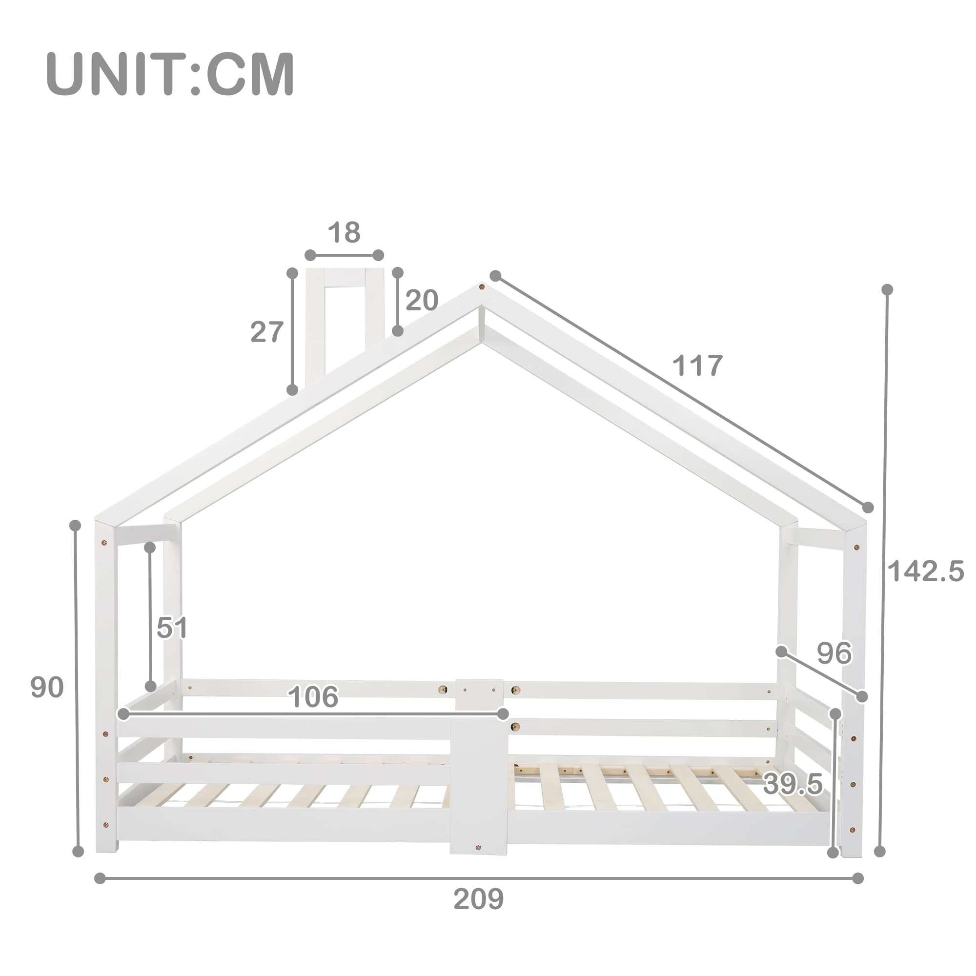 Merax Hausbett 90x200 mit Rausfallschutz, Kinderbett 200x90, Kiefernholz Hausbett for Kids, Massivholz Kinder Bett mit Lattenrost, Holz Bett für Kinder mit Dach (ohne Matratze) (Weiß)