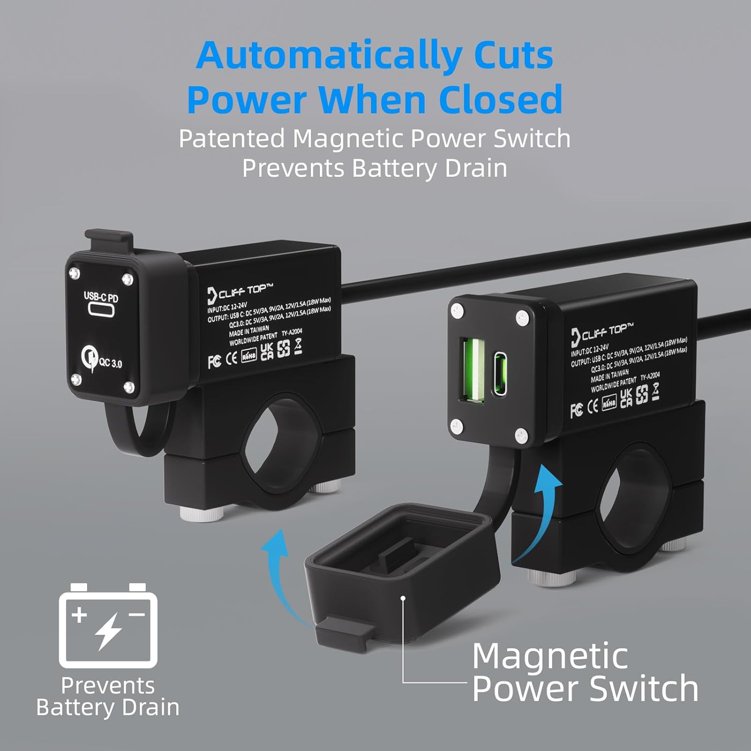 Cliff-Top Motorcycle USB Charger Dual USB Port 6A 36W Waterproof Aluminium Phone Charger with PD USB-C & QC 3.0, Magnetic Power Switch, Heavy-Duty, Battery Drain Prevention