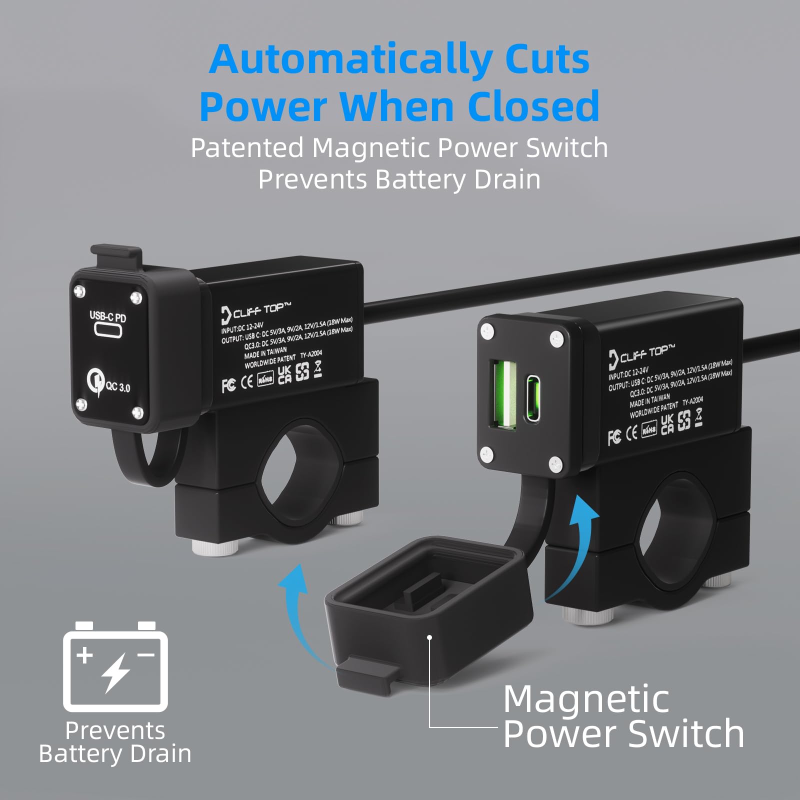 Cliff Top Chargeur USB de moto en aluminium 36W PD USB-C et QC 3.0 avec interrupteur d'alimentation magnétique et étanche pour guidons 7/8 '', 1'', 1 1/4 " - Empêche la décharge de la batterie.