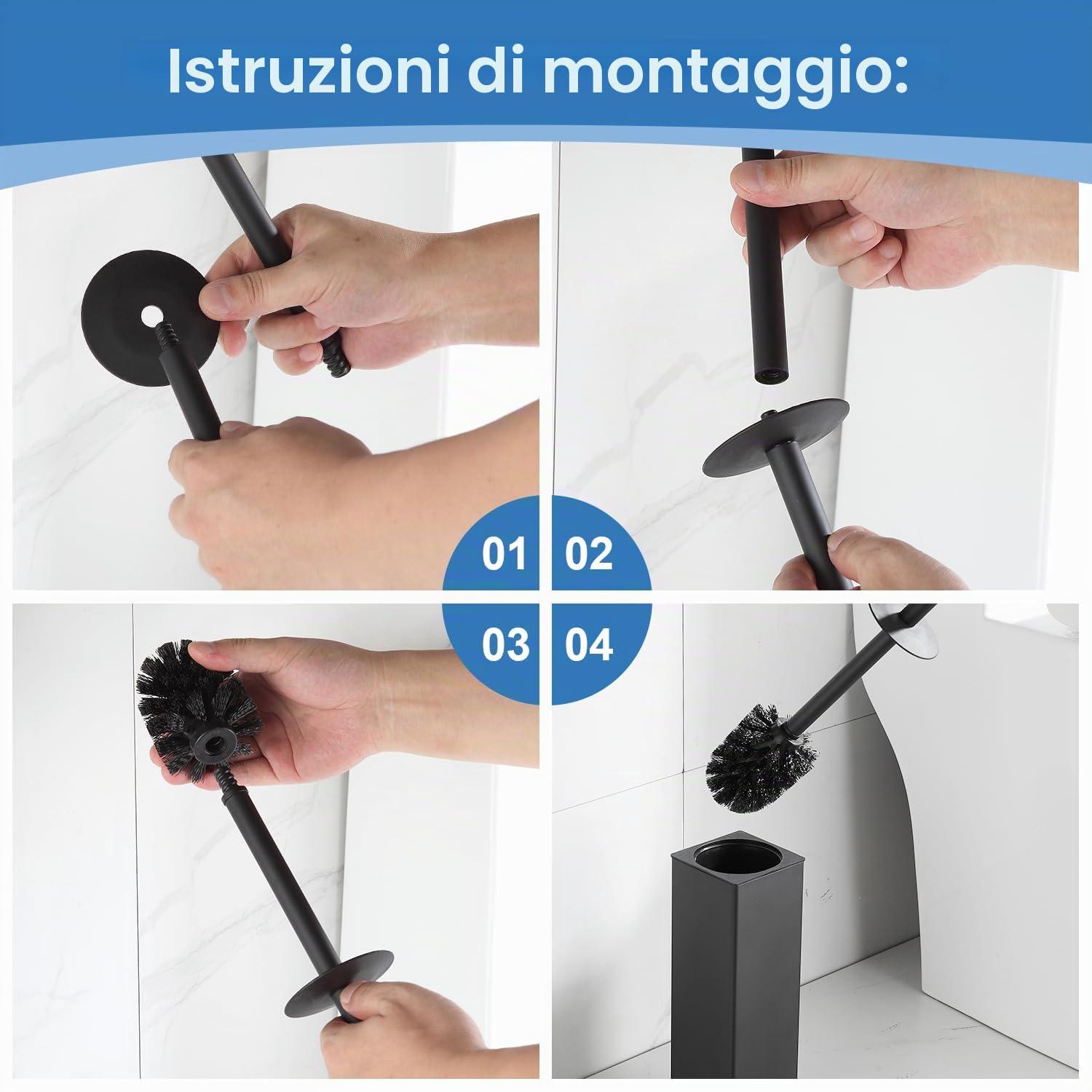 BGL Scopino e supporto per WC, porta scopino in silicone con 2 testine, spazzola quadrata in alluminio per la pulizia del bagno