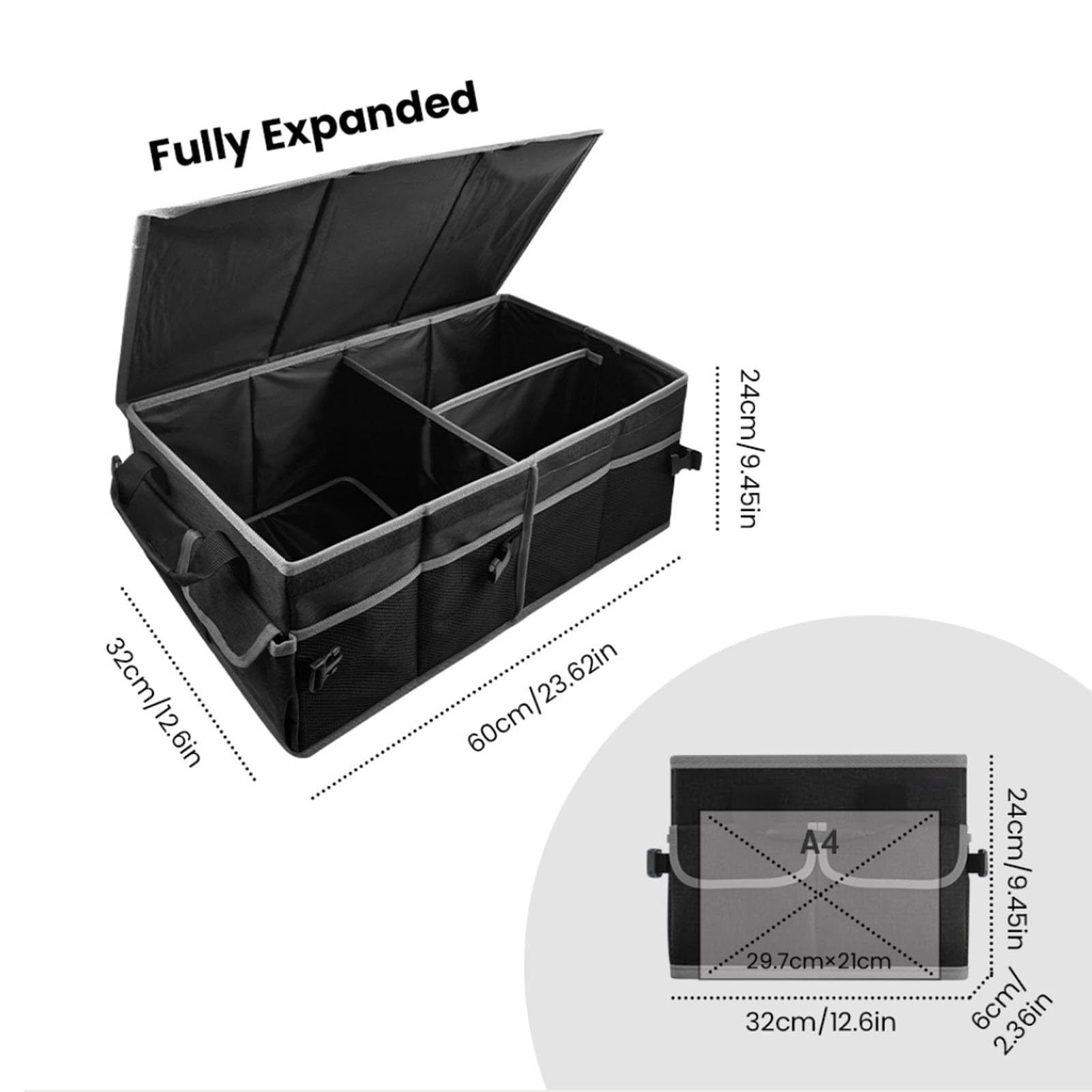 Organizzatore per Bagagliaio per Auto, Contenitore Impermeabile Multiscomparto per Campeggio e Viaggi su Strada 60x32x24 Cm