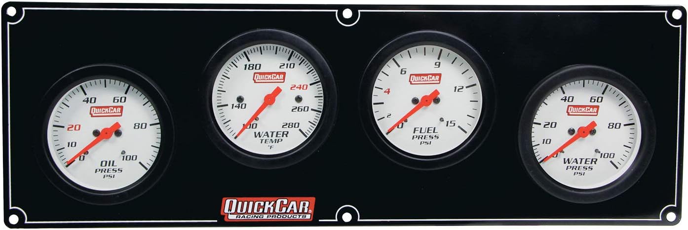 QuickCar Racing Products Gauge Panel Assembly, Extreme, Oil Pressure/Water Temperature/Fuel Pressure/Water Pressure, White Face, Kit