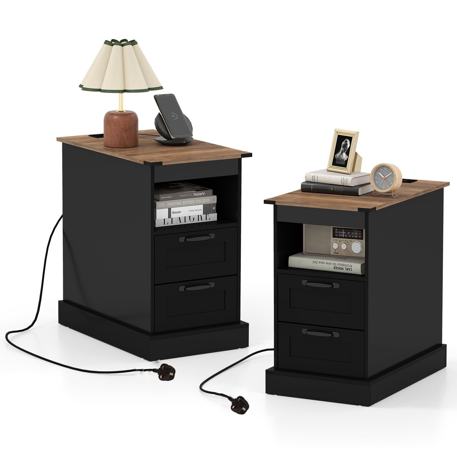 CASART Farmhouse Bedside Table with Charging Station (Black+Brown,2)